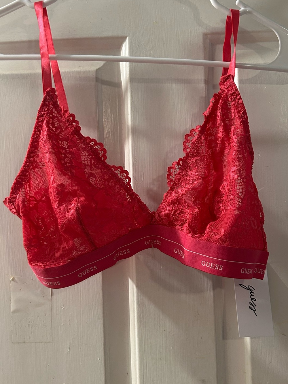GUESS Pink-Red Lace Bralette with Elastic Band